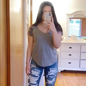 Floral Sleeve Gray Tee